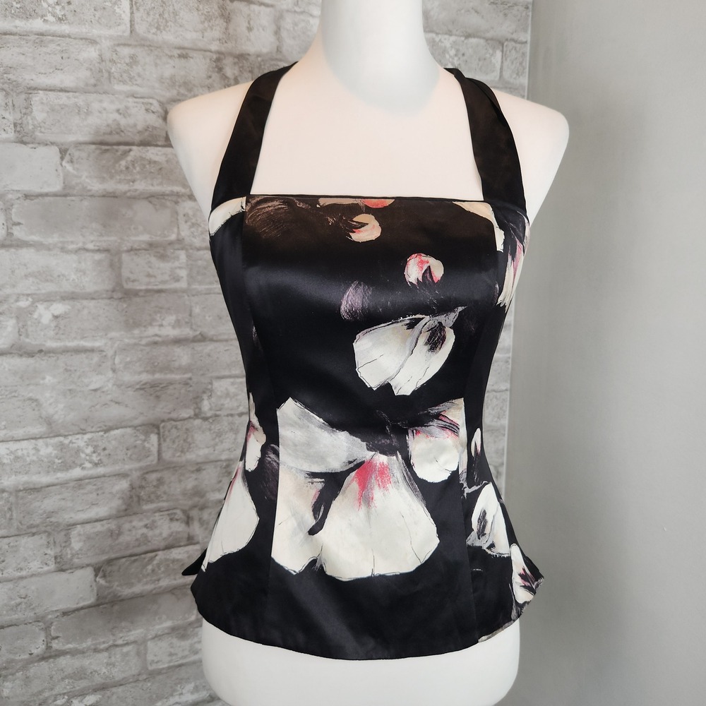 White House Black Market Halter Top Floral 100% Silk Corset Style Black Size 2